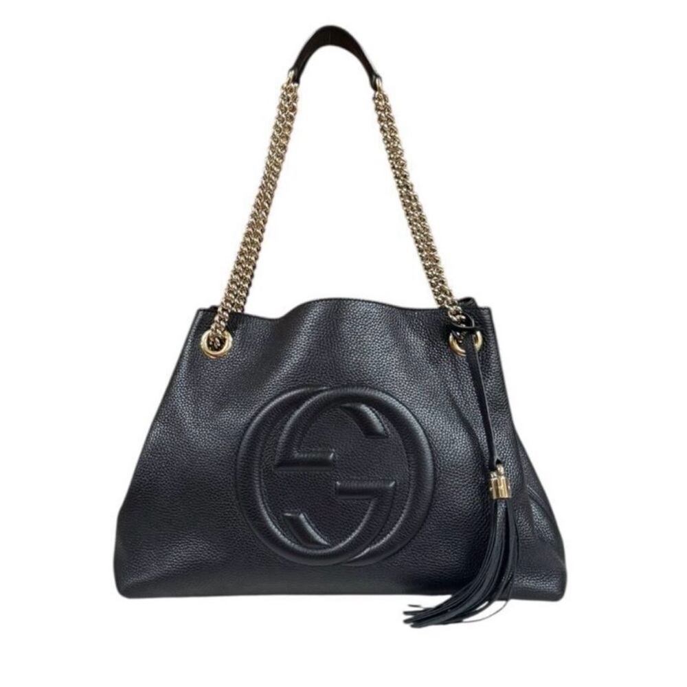 Gucci Soho Pebbled Leather Chain Tote Black Interlocking GG Tassel Shoulder Bag
